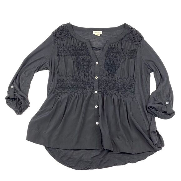 Meadow Rue Anthropologie Blouse Smocked Front Top Small Roll Tab Sleeve - Picture 1 of 6
